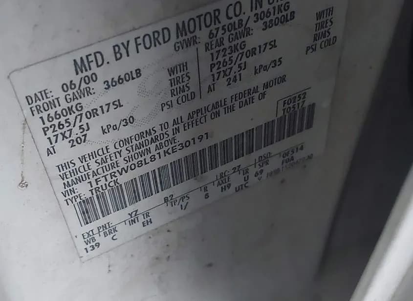 2001 FORD F-150 - VIN 1FTRW08L81KE30191 2001 FORD F-150 VIN 1FTRW08L81KE30191