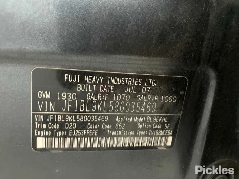 2007 Subaru Liberty - VIN JF1BL9KL58G035469 2007 Subaru Liberty VIN JF1BL9KL58G035469