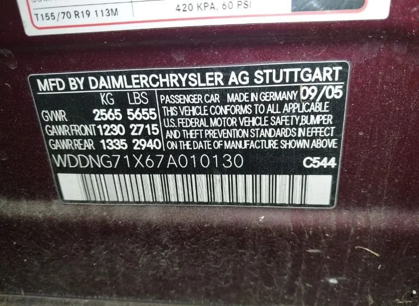 2007 MERCEDES-BENZ S-Class - VIN WDDNG71X67A010130 2007 MERCEDES-BENZ S-Class VIN WDDNG71X67A010130
