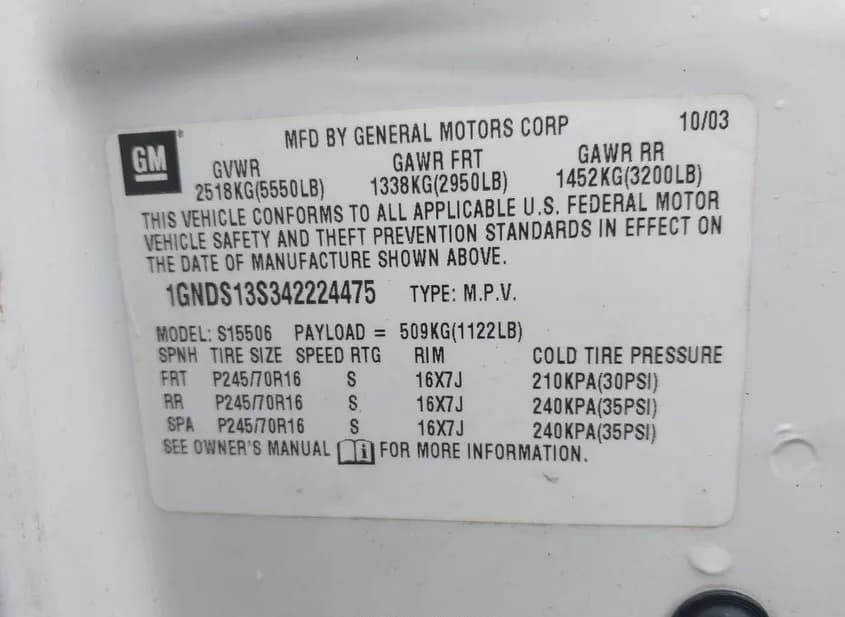 2004 CHEVROLET Trailblazer - VIN 1GNDS13S342224475 2004 CHEVROLET Trailblazer VIN 1GNDS13S342224475